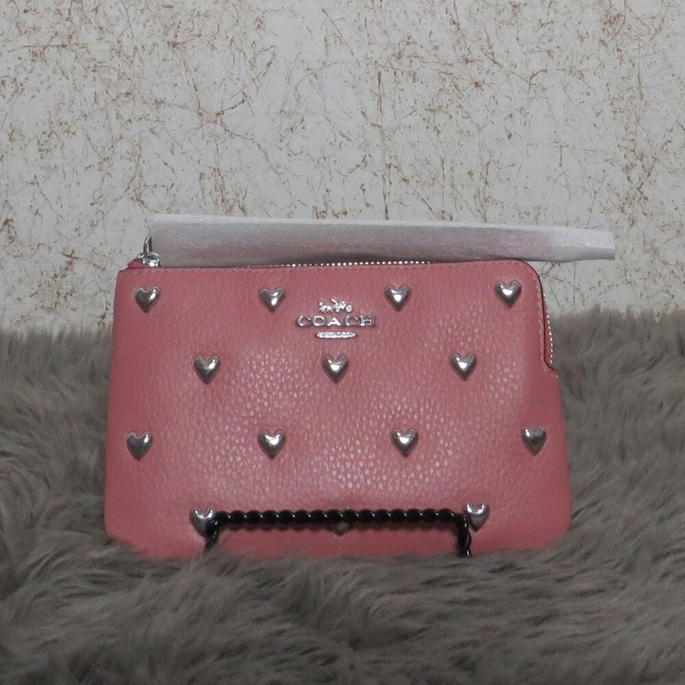 Coach Corner Zip Wristlet with Heart Rivets (Peony)